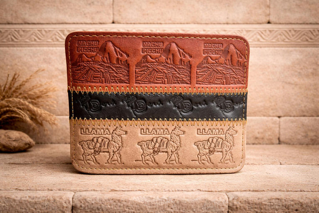Mens Peruvian Leather Wallet - Llama & Machu Picchu Design