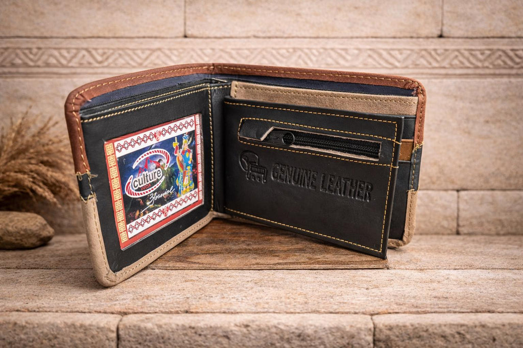 Mens Peruvian Leather Wallet - Llama & Machu Picchu Design