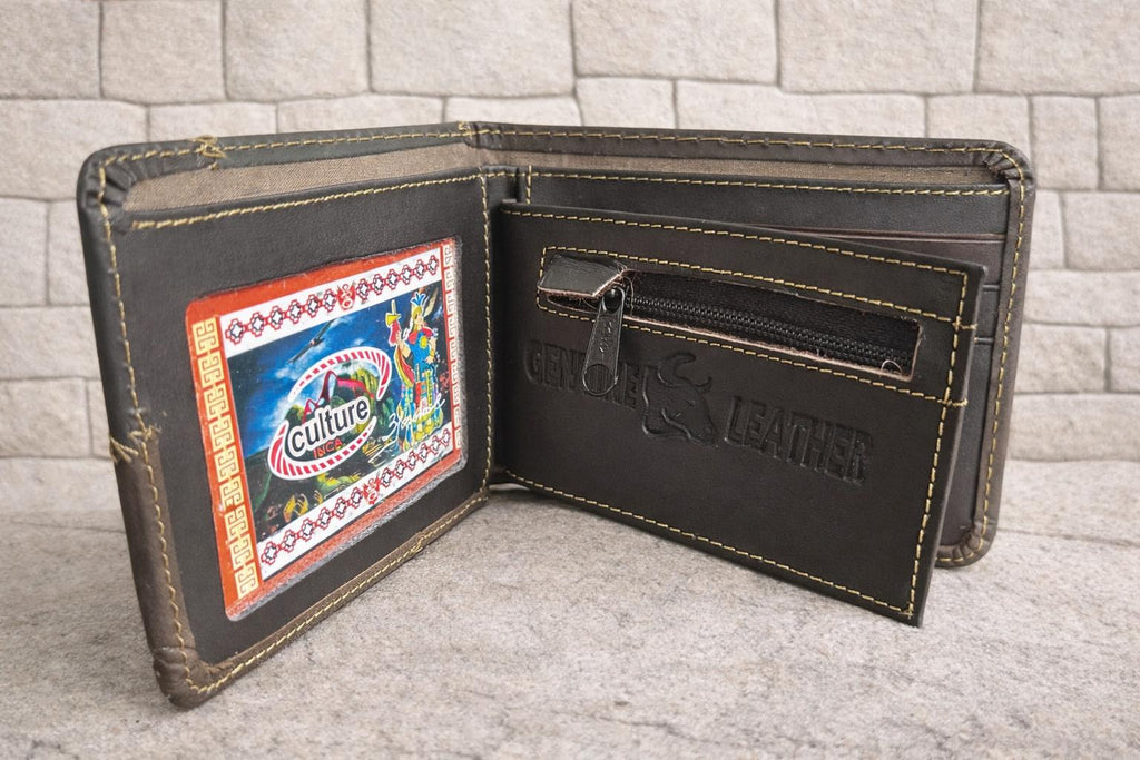 Mens Peruvian Leather Wallet - Andean Symbols Design