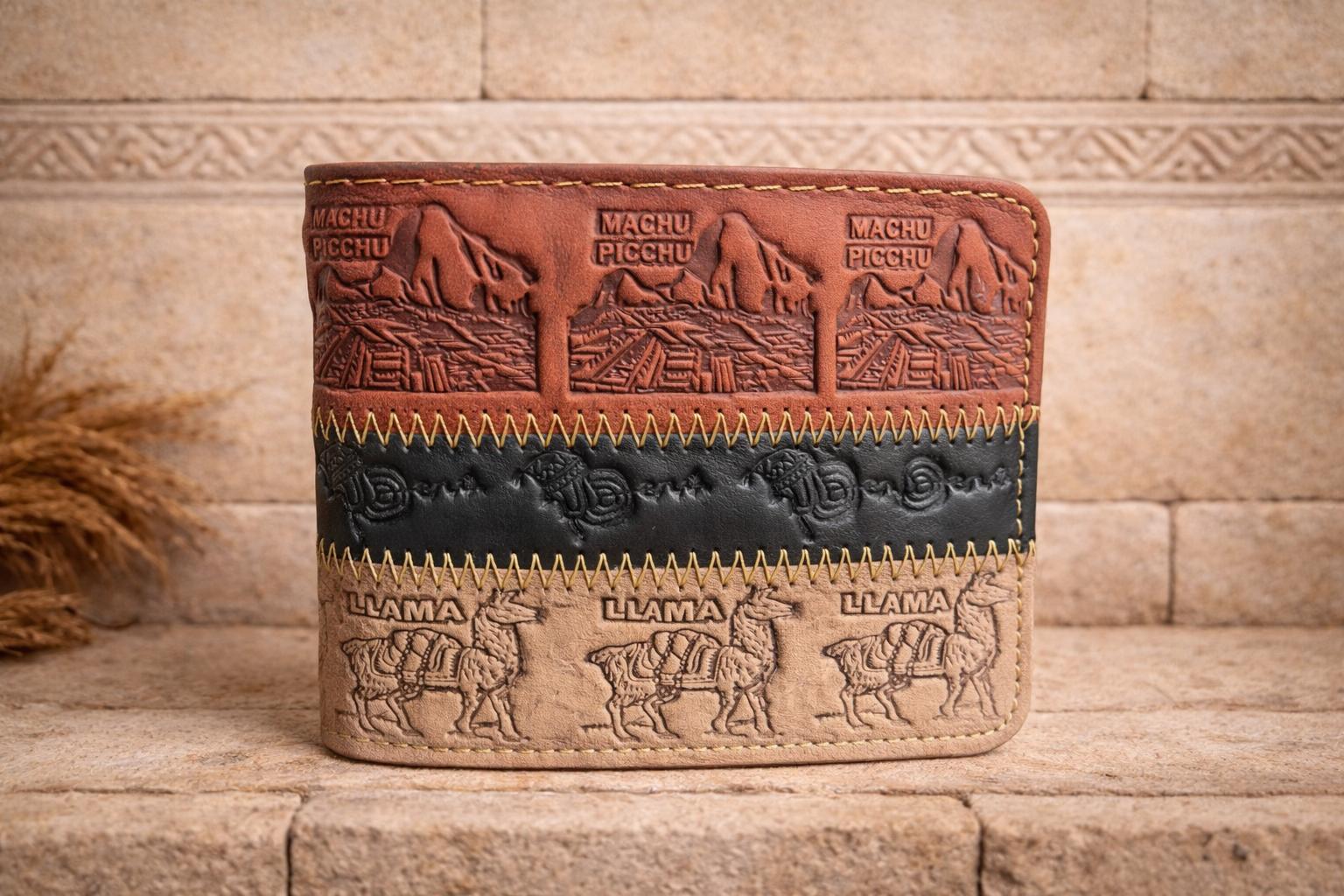 Mens Peruvian Leather Wallet - Llama & Machu Picchu Design