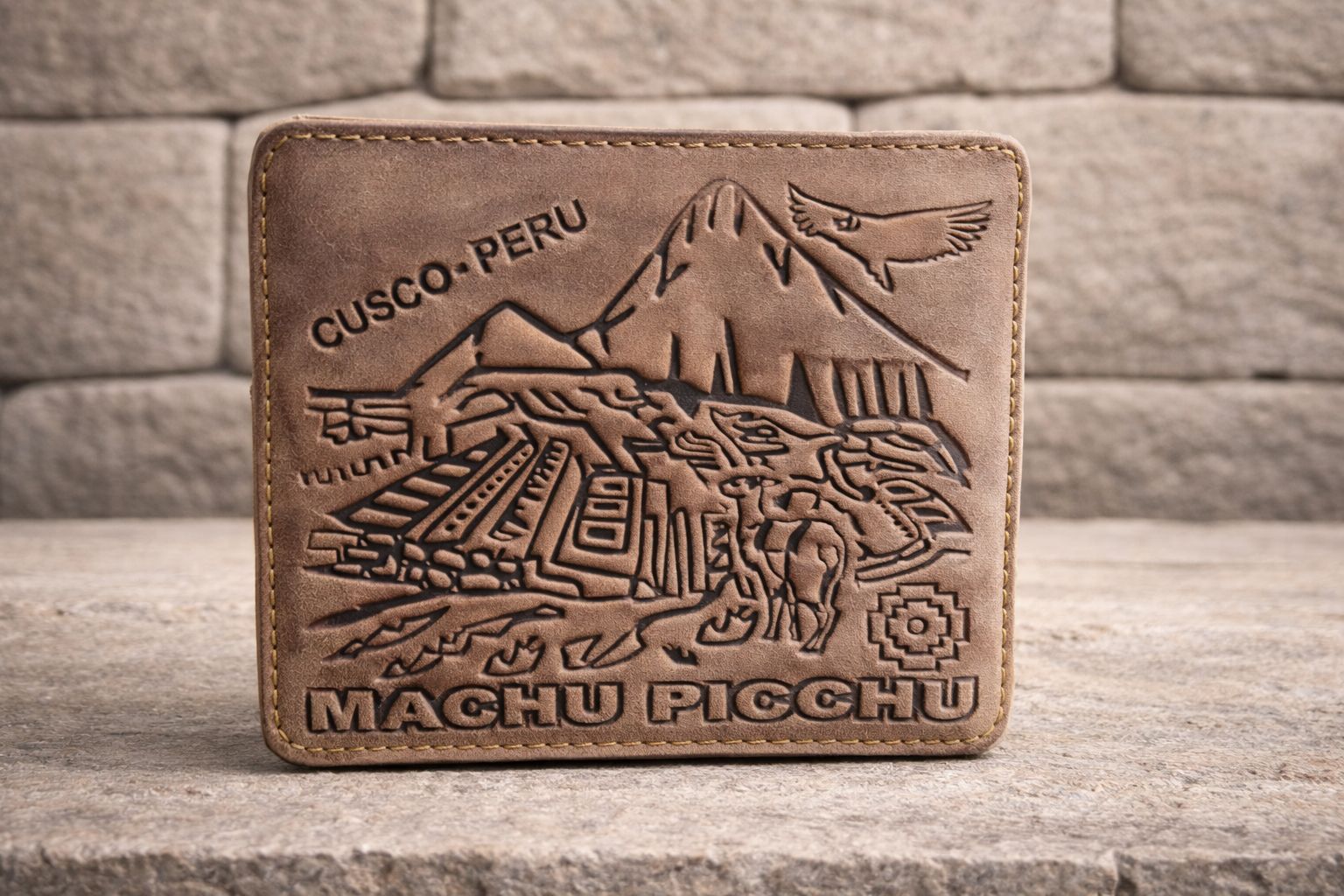 Mens Peruvian Leather Wallet - Machu Picchu